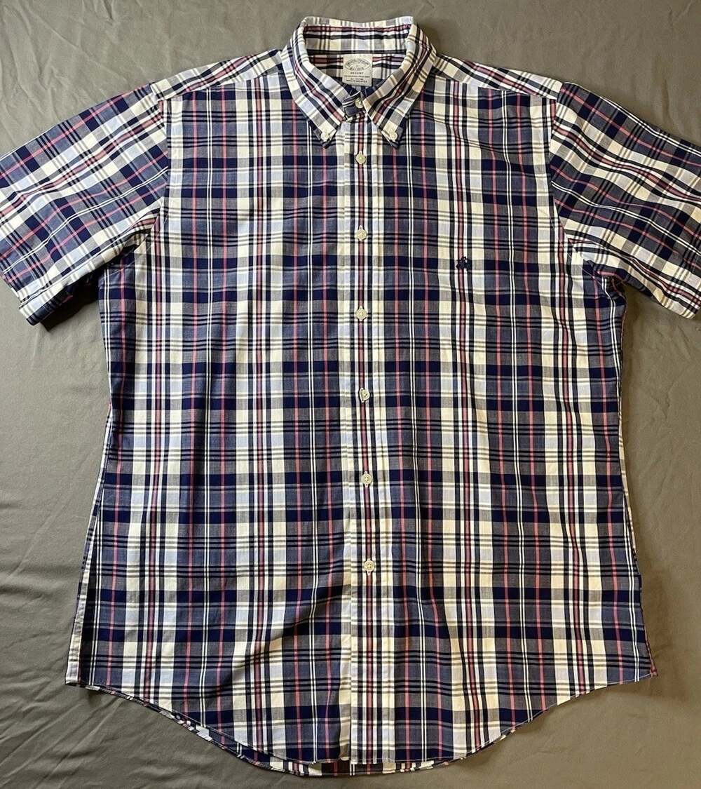 Brooks Brothers Mens L Short Sleeve Button Down Shirt Regent Plaid Blue Pink